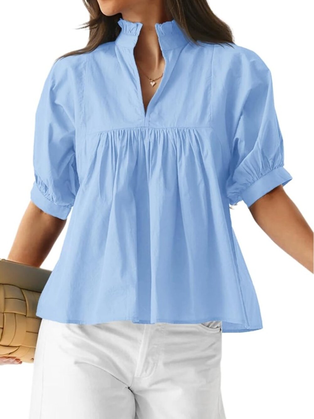 Womens Babydoll Peplum Tops Summer V Neck Puff Sleeve Blouses
